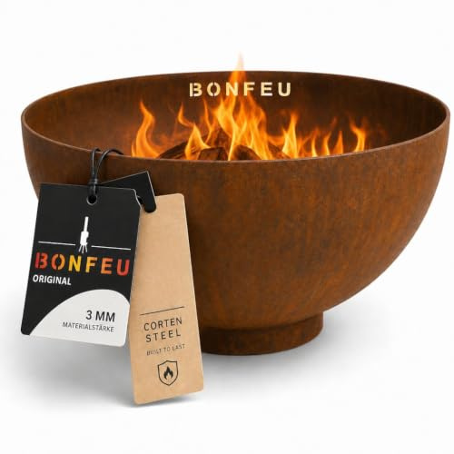 BonFeu Eldskål BonBowl Pro 100 cm diameter – för intensiv eldupplevelse – eldkorg av 3 mm cortenstål – 100 x 100 x 50 cm