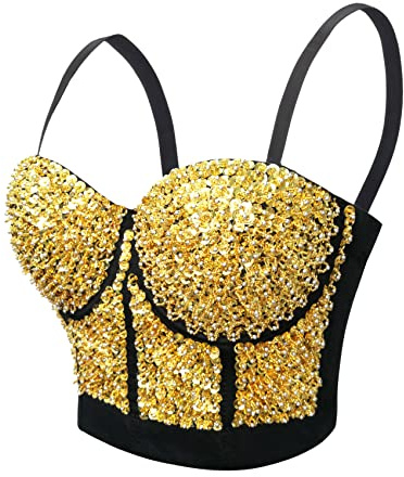Woboren Dam paljett pärlstav bustier magtröja push-up klubb party korsett topp avtagbara remmar, Guld, L