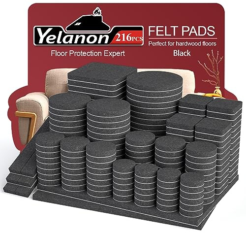 Yelanon 216 Pcs Felt Furniture Pads - Chair&Sofa Leg Floor Protectors Black | Self-Adhesive Felt Pads for Furniture Feet, Cuttable Floor Protectors to Guard Hardwood Floors from Scratches