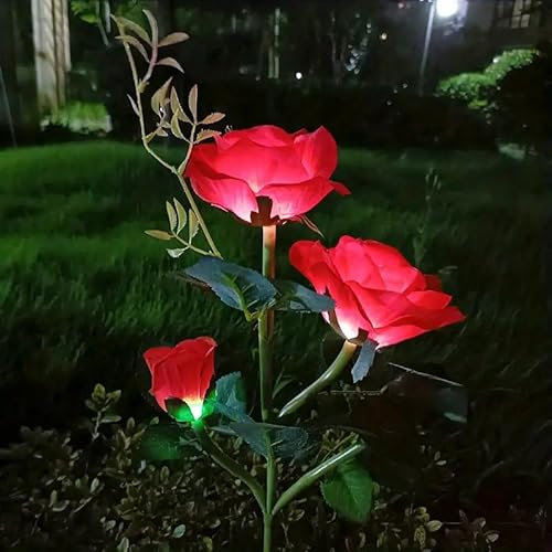 ZQX - Luci solari da giardino a energia solare, con pannello solare per aiuole, vialetti, feste, vacanze, decorazione, 3 fiori per ramo, rosso, confezione da 2