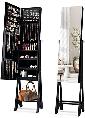 COSTWAY Armoire à Bijoux Sur Pied avec 12 LED Doublure Intérieure en Velours Doux Angle Réglable 36 x 33,5 x 154 cm Noir/Marron (Noir)