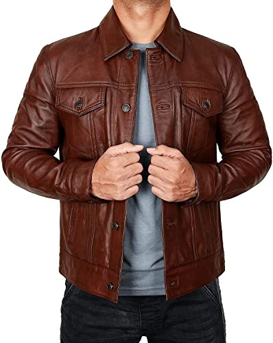 LP-FACON Chaqueta Trucker de Cuero Negro para Hombre - Ajuste Slim Fit Vintage Motocicleta Western Vaquero Chaqueta Trucker Negra, M