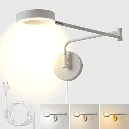 8W LED Wandlampe mit Schalter, Wandleuchte mit Stecker und Kabel Wand-Leselampe mit Verstellbarer arm 3000K-6000K Weiß Ring Acrylschirm Innen Schwenkbar Nachttischlampe LED Wandbeleuchtung Modern