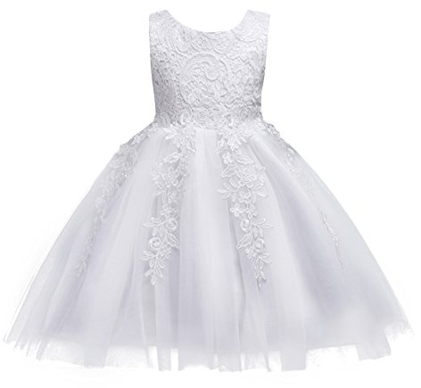Flower Girl Wedding Dress Elegant Floral Lace Princess Baby Kids Tulle Tutu Sleeveless Round Neck Bow Communion Bridesmaid Party Evening Birthday Christening Short 18 Months-10 Years