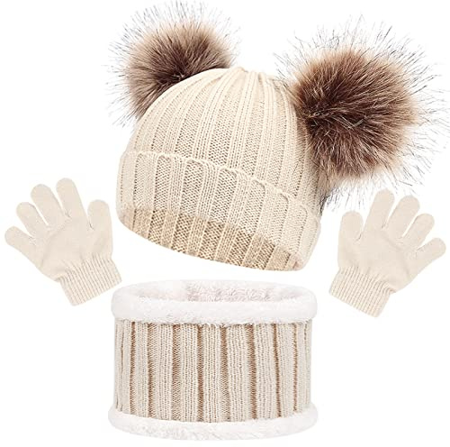 Baynetin 3PCS Knitted Beanie Hat Scarf Gloves Set Baby Girls Winter Thick Pom Cap Neck Warmer Boys Mittens for Boys Girls 1-6 Years old, Winter Accessories Sets for Children Outdoor Sports (Beige)