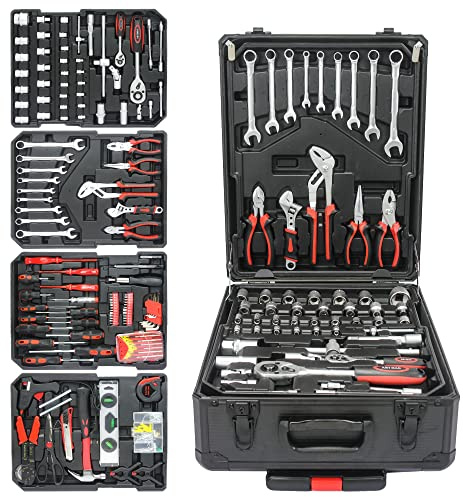 Black Aluminum Trolley Case Tool Set, Silver Hand Tool Box with 4 Layers of Toolset and Wheels, Household Hand Kit Plastic Toolbox Storage Case for House Repair, Garden, Office
