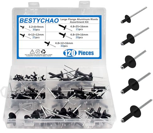 BESTYCHAO Pop Rivets, kit surtido de remaches ciegos de aluminio con brida grande de 5 tamaños (negro)