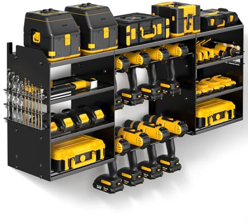 POKIPO Großer Werkzeug-Organizer, Wandhalterung, 4-lagig, robuster Bohrhalter, aus Metall, kabelloser Bohrmaschinen-Speicher für 8 Bohrmaschinen, schwarze Mehrzweck-Racks für Garage und Werkbank