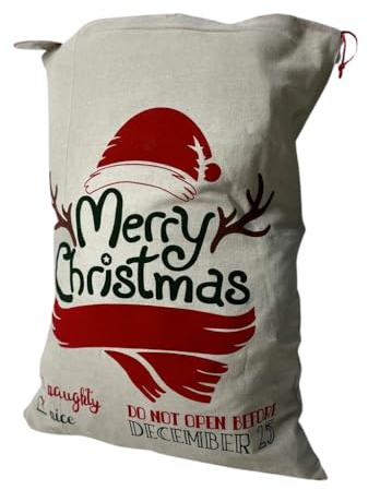 Generico Sacco per Regali di Natale in Juta Decorato con Chiusura Coulisse Sacca di Babbo Natale 70 x 50 cm sotto Albero