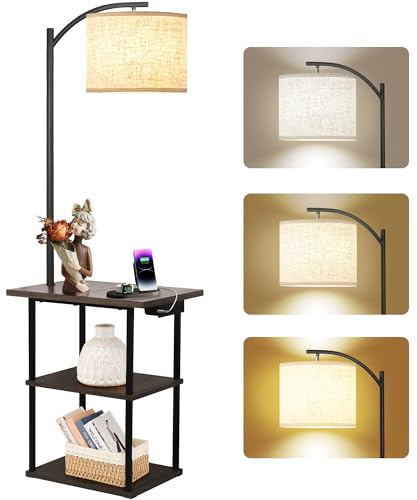 PESRAE Floor Lamp with Table, End Tables with Charging Station(USB & Type-C & AC Port), 3 Color Temperatures 9W LED Bulb, Modern Shelves Side Table for Bedroom, Living Room