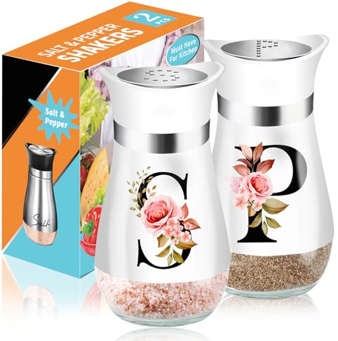 Salt and Pepper Shakers Set, 4 oz White Kitchen Accessories, Stainless Steel & Glass Spice Dispenser Classic, Refillable Design, Farmhouse Salt Pepper Shakers Cute Kitchen Decoration