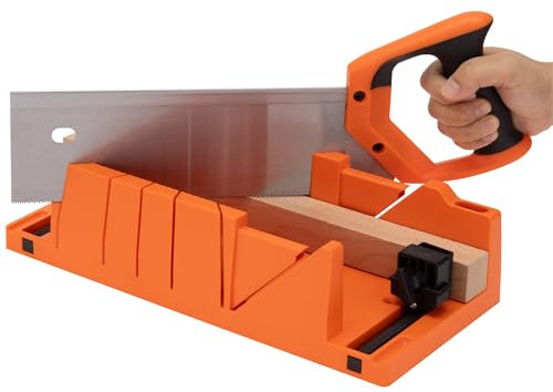 Navaris Ingletadora manual con sierra - Caja de ingletes con serrucho de 12 - Para cortar madera blanda y dura en ángulos de 90° 45° y 22,5° - Con 2x abrazaderas ajustables