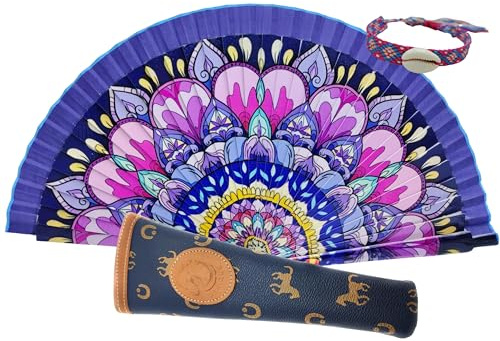 Planta Color Abanicos Flores, Paisajes y Figuras de Colores con Funda Artesanal. Precioso Abanico de Madera con Funda Fabricada en España. Con Pulsera de Tela Aleatoria (Figuras Mandala Azul)