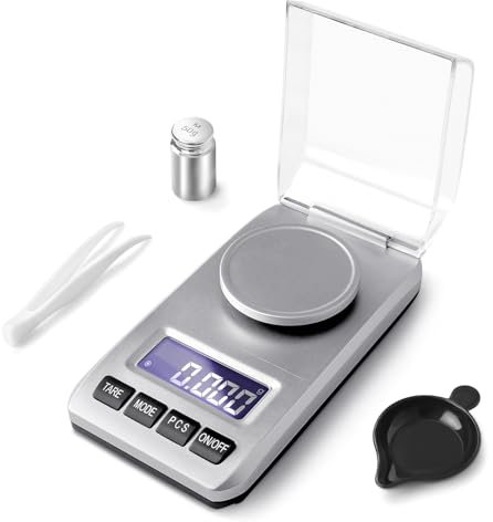 Muaket 0.001g/50G Feinwaage, Hochpräzise Milligramm Waage, Electronische Digitalwaage mit Kalibriergewichten, MG Waage zum Wiegen von Pulvern, Medizin, Taschenwaage mit Pinzette, Waagschale, Silber