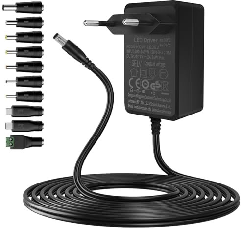 Gonew21 Adaptateur Secteur Alimentation 12V - Adaptateur AC/DC 2M Fil 10 Fiches, Universel 12V 2A 24W Sortie, Entrée AC/DC Adapter 200-240V 50-60HZ, pour Bande LED, Routeurs et Autres(~2A)