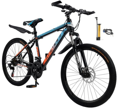 24 Zoll Mountainbike für Herren und Damen, 24-Gang-Schaltung, Kohlenstoffstahlrahmen, Mechanische Dual-Scheibenbremsen, Federungsgabel, Aluminiumfelgen, Stoßdämpfend, Blau+Orange, MTB für Erwachsene