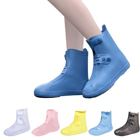Dream Apparel Waterproof Rain Shoe Covers for Women Men, Non-Slip Reusable Foldable Boot Covers Rainproof Overshoes Over Shoes Galoshes (Blue, Size 2XL)