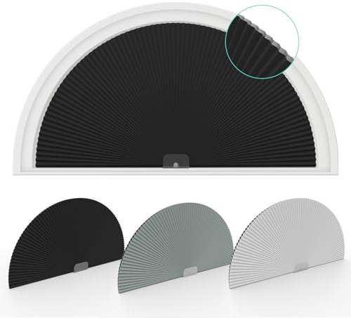 Changshade Tende oscuranti per finestre ad arco, mezza luna (radio: 61 cm), oscuranti, plissettate, semicerchio, senza trapano, per finestre, facili da tagliare e installare