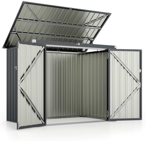 RELAX4LIFE Caseta de Jardín de Metal, Cobertizo de Acero Galvanizado con 2 Puertas y Tapa Abatible, Cubo de Basura para Jardín, Patio Trasero, Granja, 172 x 101 x 130 cm, Gris Oscuro