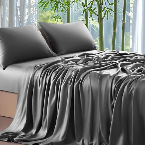 Gezu Lenzuolo con angoli in bambù lusso 180x200cm antracite grigio morbido Lyocell Tencel ipoallergenico termoregolatore lenzuolo con angoli lenzuolo estivo per fino a 30cm di materasso