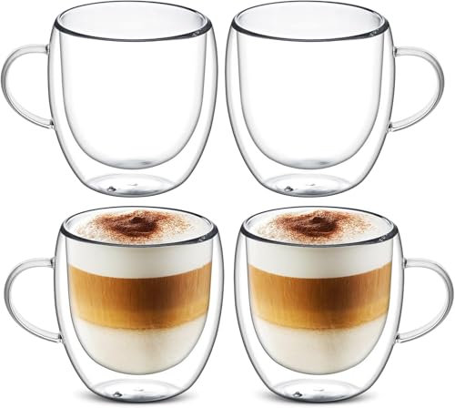 4 x 250ml Double Walled Insulated, Glass Coffee Mugs Set, Thermal Coffee Cups with Handle for Cappuccino/Latte/Americano, Clear Drinking Glasses for Hot Drinks, Tea, Milk, Juice & Ice Cream