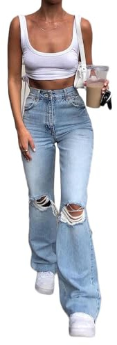 YOUCAI Pantaloni Eleganti Push Up Donna Pantaloni Jeans a Zampa d’Elefante Strappati Casual Jeans Boyfriend,Blu2,M