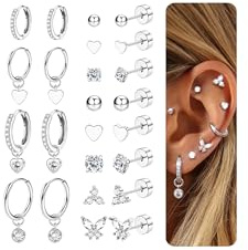 CASSIECA 15 Pairs Earrings for Women, 316L Stainless Steel Flat Back Earrings Gold Silver Hoop Stud Earring Hypoallergenic for Multiple Piercings