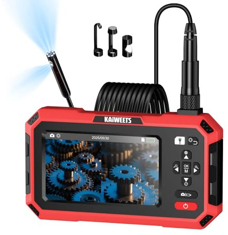 Endoskopkamera mit Licht, KAIWEETS Dual-Lens 1920P Inspektionskamera mit 5 IPS Split-Screen, 8 mm IP67-wasserdichtem Kamerakopf, 5 m abnehmbarem halbstarrem Kabel und 4000 mAh Akku für Auto, Rohr