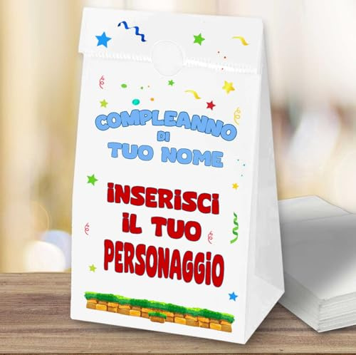 25 Sacchetti di carta Regalo compleanno fine festa bambini + 25 adesivi chiudibusta, Sacchetti personalizzati con nome e personaggio a scelta