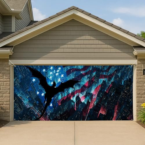 Housse de porte de garage motif dragon urbain, grande toile de fond urbaine fantaisie, thème de soirée patriotique pour fêtes en plein air, 397 x 180 cm