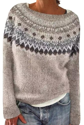 Generisch Jersey noruego para mujer, elegante, cálido, suéter de invierno, tallas grandes, jersey de punto estampado, cuello redondo, suéter informal, suéter de lana, cómodo y suave, Beige4, M