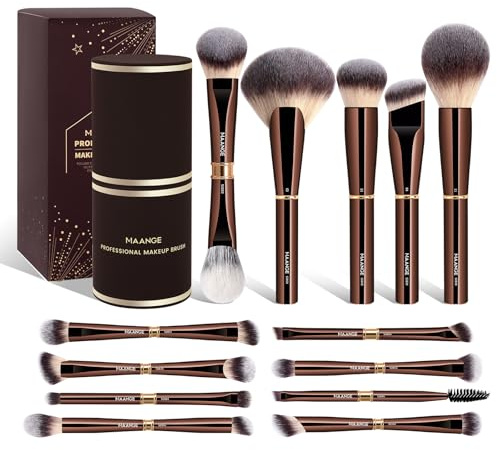 MAANGE Pinselset Make up Pinsel Set, 13-teilig Schminkpinsel mit Etui, 22-in-13 Duo-End Make up Pinsel Für Foundation Puder Lidschatten Concealer Blush (Kaffee Gold)