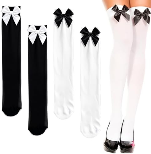 2 Paires Chaussettes Hautes Femme, Chaussettes Hautes en Coton, Bas avec nœuds, Chaussettes Montantes, Chaussette Chaude, Chaussettes Longue Genoux Solide (Noir + Blanc)
