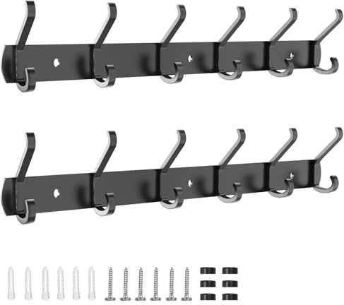2 Piezas Percheros Pared con 6 Colgadores, 54CM Perchero De Pared de Metal, Percha Pared para Cocina Baño Dormitorios Perchero Entrada Recibidor para Sombreros Chaquetas Bufandas Abrigos (Negro)