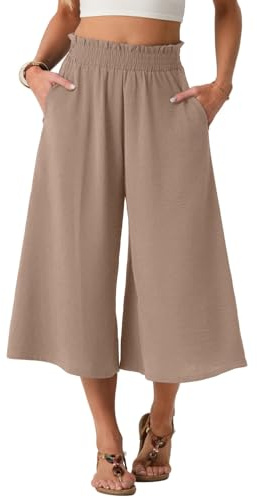 PrinStory Pantalones de verano para mujer, ligeros, de cintura alta, Culotte, de verano, informales, pantalones palazzo de pierna ancha, pantalones con bolsillos