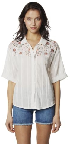 Koroshi Camisa Mujer Manga Corta Bordado Floral y Rayas Caladas Blanco