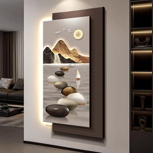 3D-väggkonst i sandsten, dekoration i entrén med sandsten, väggkonst med stenlandskapstema, lyxig skulpturmålning med vertikal dekoration, nätadapter (brun 50x100cm/19.6x39.3'')