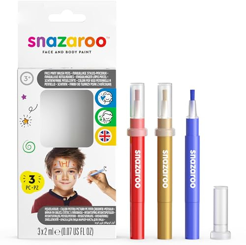 Snazaroo 1180140 Barnsmink, sminkpenna med penselspets, set med 3 färger äventyr, röd/guld/blå