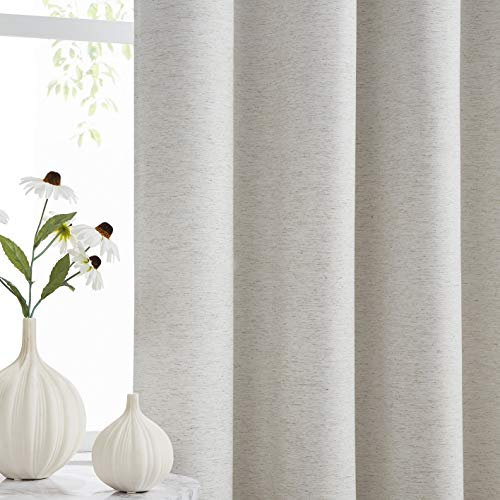 Linen Blackout Curtains Eyelet 54-inch Drop Natural Ivory Full Blackout Window Curtains for Girls Kids Bedroom Farmhouse Thermal Insulated Room Darkening Drapes with White Lining, 52 w x 2 Panels