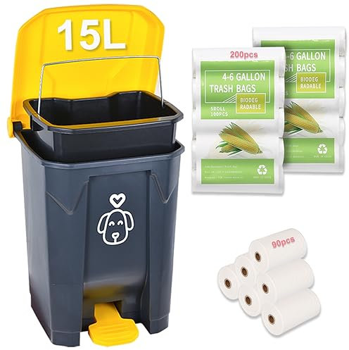 Outdoors Dog Poop Trash Can with Lid & 290PCS Waste Bags, Cute Dog Waste Trash Can for Yard, Home, Garden, Kitchen, 15 Litre Removable Inner Bin, Plastic, G&Y, GB