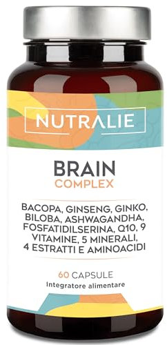 Nootropico Brain Complex - Memoria e Concentrazione - Bacopa Monnieri, Ginkgo Biloba, Colina, Ginseng, L-Tirosina + Vitamines - Brain Complex 60 Capsule Nutralie