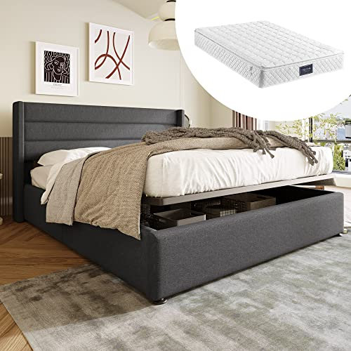 Kayan Stauraumbett Polsterbett Hydraulisch Doppelbett 160x200cm, Lattenrost aus Holz, Bett mit Lattenrost aus Metallrahmen, Leinen (160x200cm +Matratze, Grau)