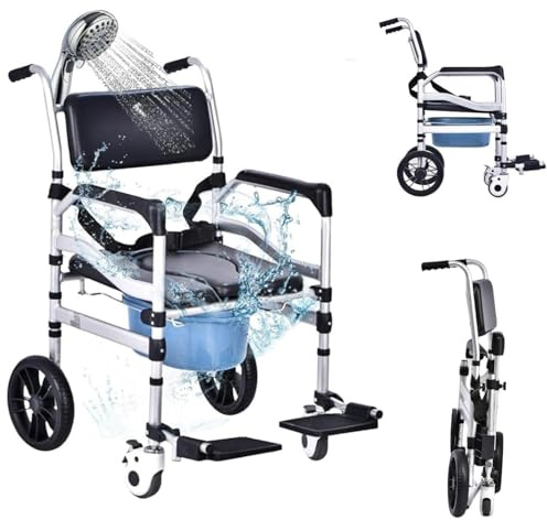 YMAOMAO Height-Adjustable Commode Chair, Commode Chair on Wheels, Foldable Mobile Toilet Shower Stool, Ergonomic Seat for the Elderly and Disabled
