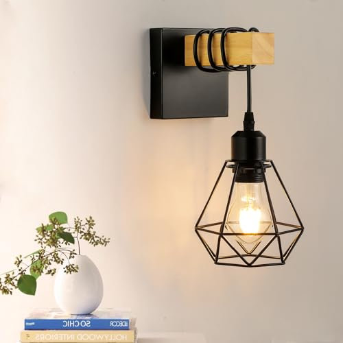 FORCOSO Wandleuchte Innen, Vintage Wandlampe Holz und Metall, E27 Wandbeleuchtung Schwarz Braun Wand Wand, Retro Industrial Wall Light Fixtures Indoor Wohnzimmer Schlafzimmer Flur Treppenhaus