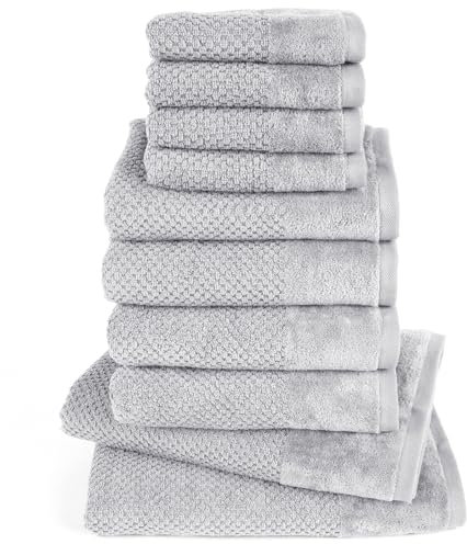 Pure Label 10-TLG. Handtücher Set mit Aufhängeschlaufen aus 100% Baumwolle, saugstark und weich - 2X Badetuch (70x140 cm) 4X Handtuch (50x100cm) 4X Gästetuch (30x50 cm), Hellgrau