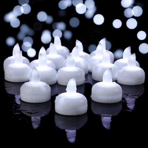 Yakpo 36 velas de té flotantes LED impermeables sin llama, parpadeantes, color blanco frío, funcionan con pilas, velas de té LED votivas de agua a granel para jarrón de boda, piscina, spa, decoración