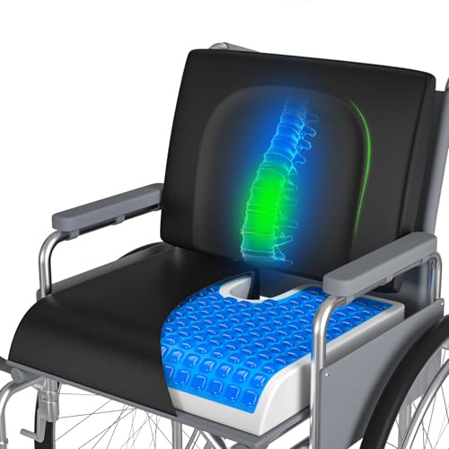 Wheelchair Cushions, 18”x16” Gel Wheelchair Seat Cushion with Lumbar Pillow, (2-Piece Set) for Relieve Sciatica, Back, Coccyx, Pressure Sore, Pressure Relief, with Anti-Slip Cover, Strap