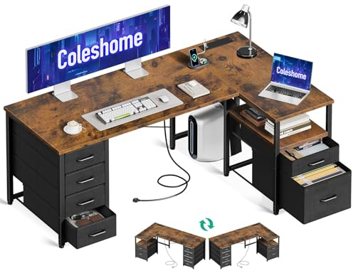Coleshome L Shaped Computer Desk with 6 Drawers & Power Outlet, 140×80cm | Reversible Corner Office Desk with File Storage, for Study, Bedroom, Home Office Workstation and Small Spaces, Vintage Brown