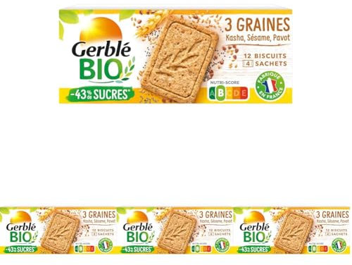 Gerblé Bio, Sablés bio aux 3 graines saveur Sésame Kasha Pavot, Allégés en sucres, Sans huile de palme, 4 Paquet de 12 Biscuits, 132g, 216080