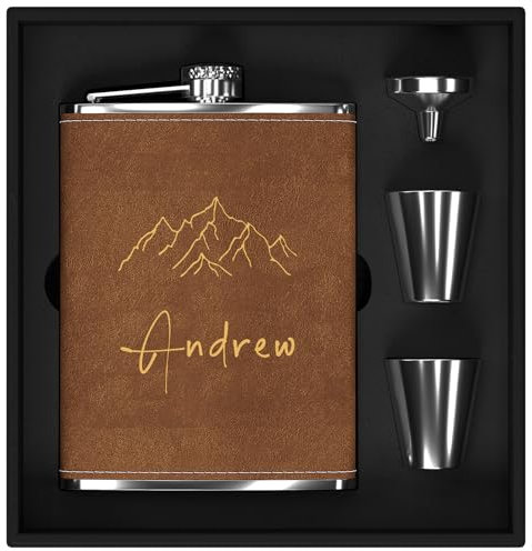 Juego de Regalo de Petaca Personalizada para Hombres 237ml/8oz, Petaca de Acero Inoxidable 304 Grabada para Caza, Viajes o Escalada con Icono de Montaña (Marrón)